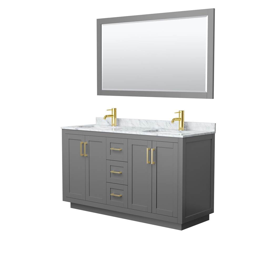 Wyndham Collection - Miranda 60 Inch Double Bathroom Vanity in Dark Gray, White Carrara Marble Countertop, Undermount Square Sinks, Brushed Gold Trim, 58 Inch Mirror