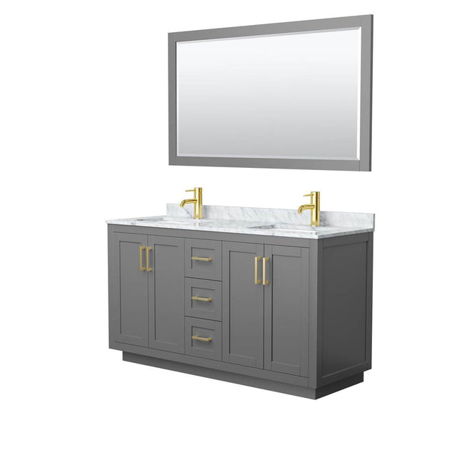 Wyndham Collection - Miranda 60 Inch Double Bathroom Vanity in Dark Gray, White Carrara Marble Countertop, Undermount Square Sinks, Brushed Gold Trim, 58 Inch Mirror
