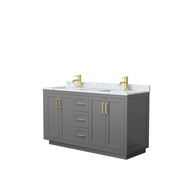 Wyndham Collection - Miranda 60 Inch Double Bathroom Vanity in Dark Gray, White Carrara Marble Countertop, Undermount Square Sinks, Brushed Gold Trim