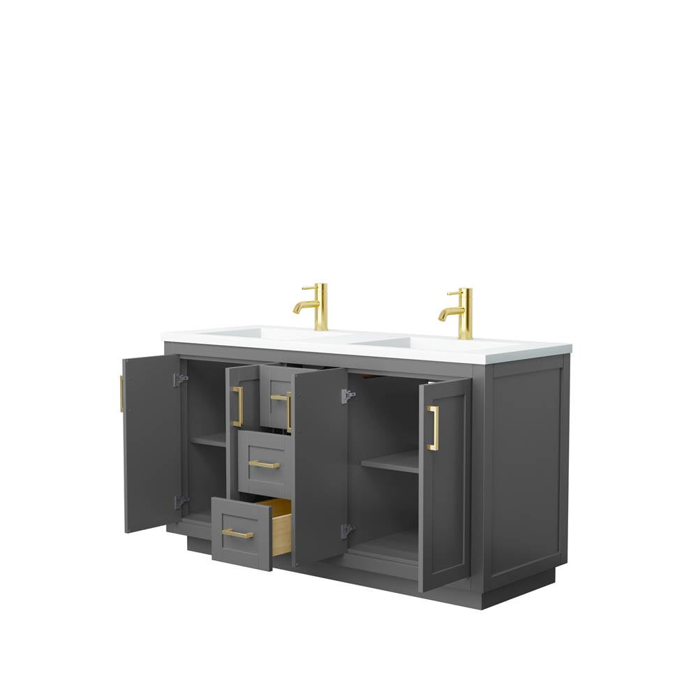 Miranda 60 Inch Double Bathroom Vanity in Dark Gray, 1.25 Inch Thick Matte White Solid Surface Countertop, Integrated Sinks, Brushed Gold Trim