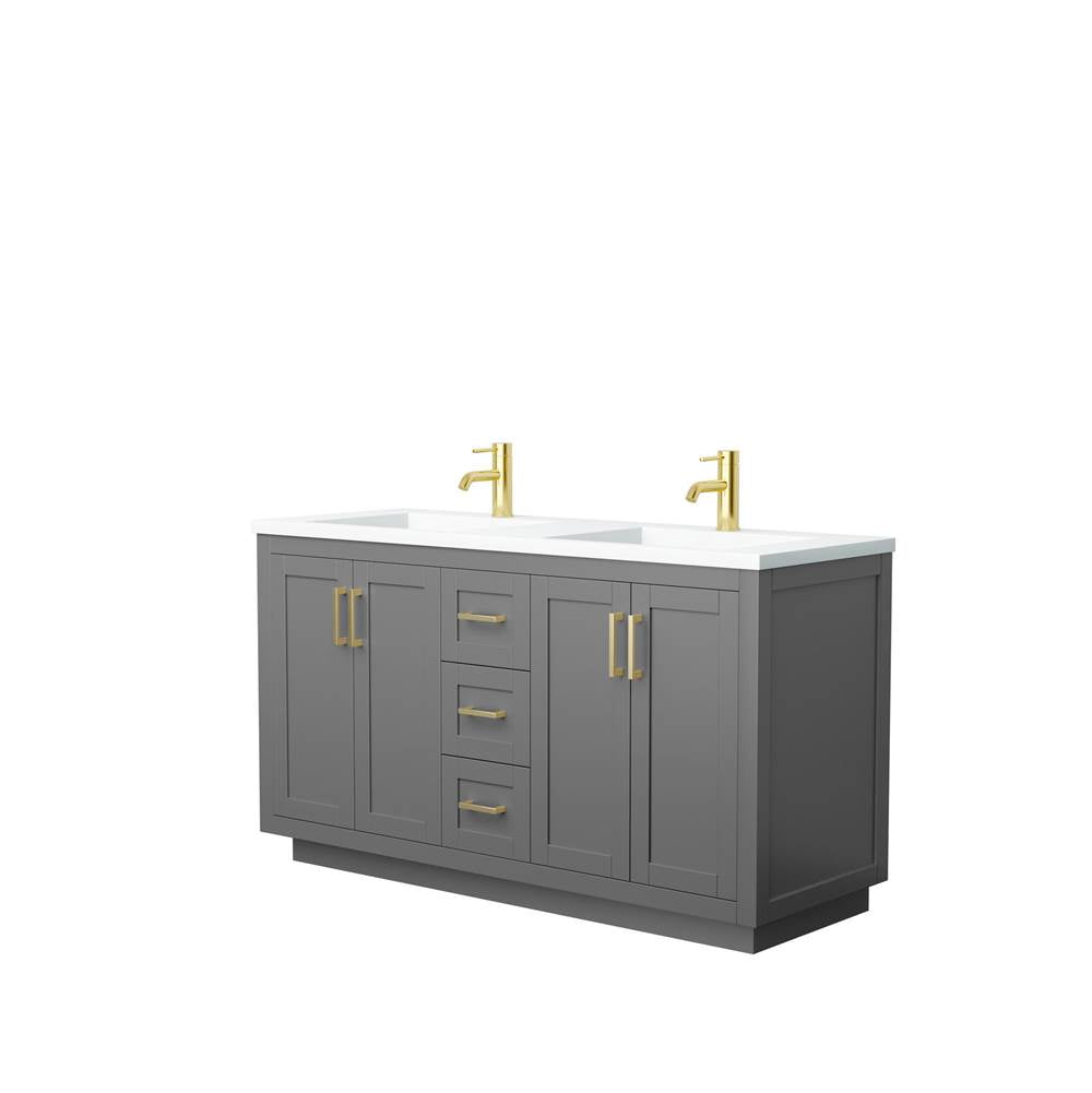 Wyndham Collection - Miranda 60 Inch Double Bathroom Vanity in Dark Gray, 1.25 Inch Thick Matte White Solid Surface Countertop, Integrated Sinks, Brushed Gold Trim
