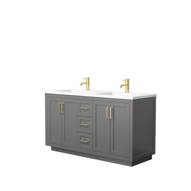 Wyndham Collection - Miranda 60 Inch Double Bathroom Vanity in Dark Gray, 1.25 Inch Thick Matte White Solid Surface Countertop, Integrated Sinks, Brushed Gold Trim