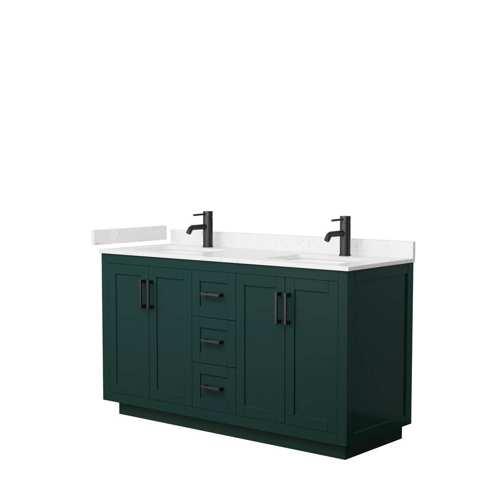 Wyndham Collection - Miranda 60 Inch Double Bathroom Vanity in Green, Carrara Cultured Marble Countertop, Undermount Square Sinks, Matte Black Trim