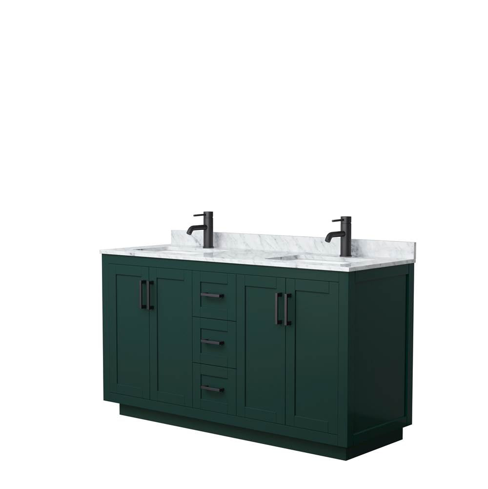 Wyndham Collection - Miranda 60 Inch Double Bathroom Vanity in Green, White Carrara Marble Countertop, Undermount Square Sinks, Matte Black Trim