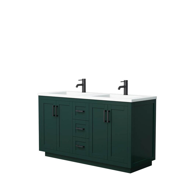 Wyndham Collection - Miranda 60 Inch Double Bathroom Vanity in Green, 1.25 Inch Thick Matte White Solid Surface Countertop, Integrated Sinks, Matte Black Trim