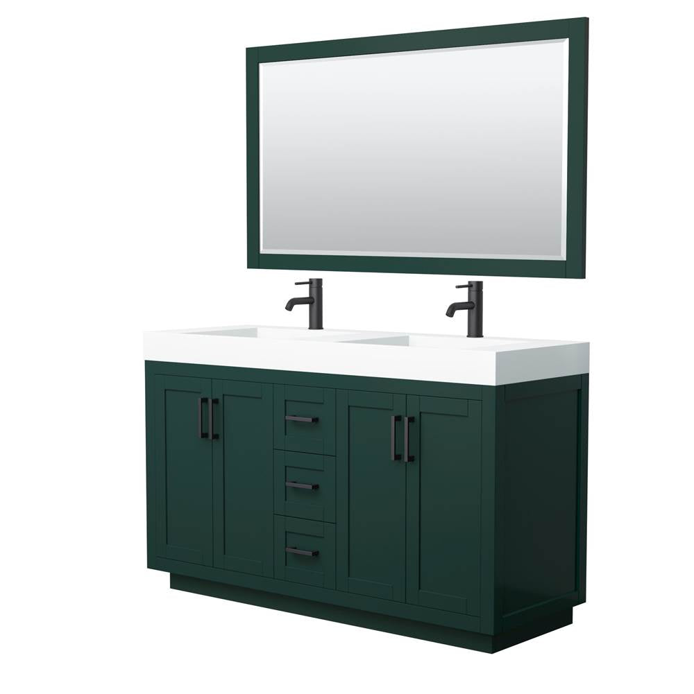 Wyndham Collection - Miranda 60 Inch Double Bathroom Vanity in Green, 4 Inch Thick Matte White Solid Surface Countertop, Integrated Sinks, Matte Black Trim, 58 Inch Mirror