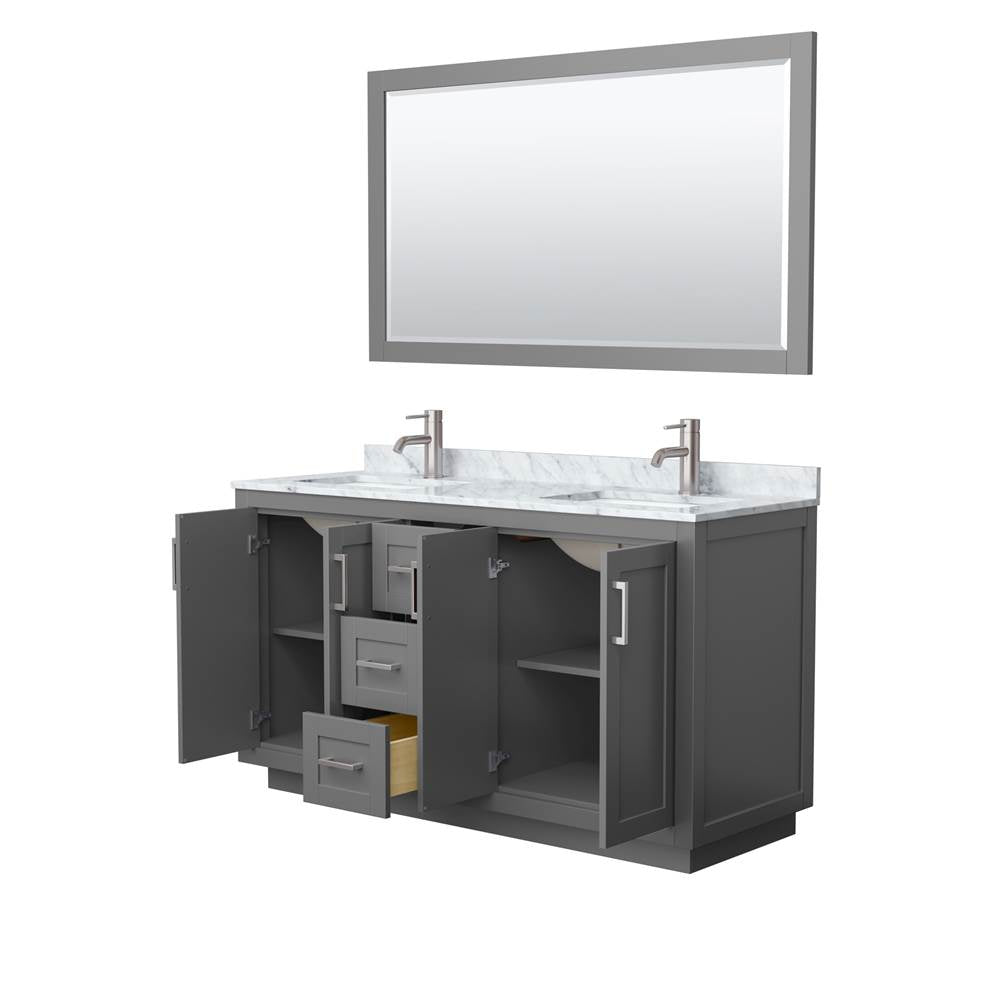 Miranda 60 Inch Double Bathroom Vanity in Dark Gray, White Carrara Marble Countertop, Undermount Square Sinks, Brushed Nickel Trim, 58 Inch Mirror