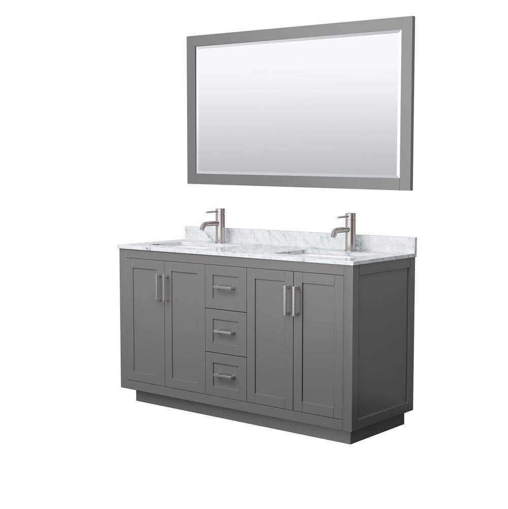 Wyndham Collection - Miranda 60 Inch Double Bathroom Vanity in Dark Gray, White Carrara Marble Countertop, Undermount Square Sinks, Brushed Nickel Trim, 58 Inch Mirror