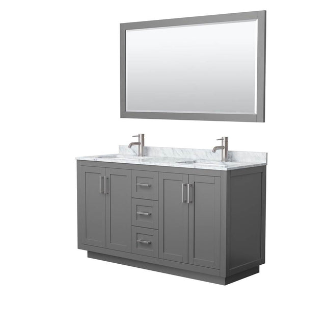 Wyndham Collection - Miranda 60 Inch Double Bathroom Vanity in Dark Gray, White Carrara Marble Countertop, Undermount Square Sinks, Brushed Nickel Trim, 58 Inch Mirror