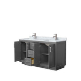 Miranda 60 Inch Double Bathroom Vanity in Dark Gray, White Carrara Marble Countertop, Undermount Square Sinks, Brushed Nickel Trim