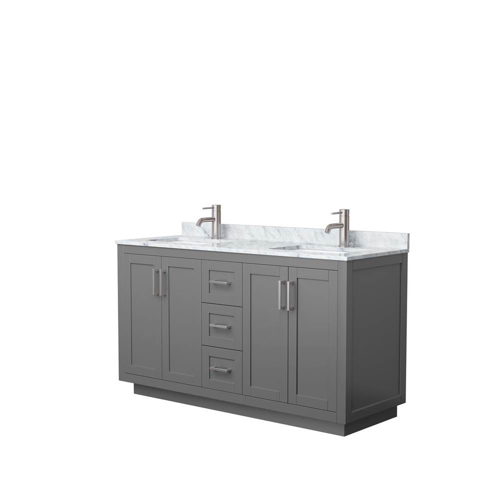 Wyndham Collection - Miranda 60 Inch Double Bathroom Vanity in Dark Gray, White Carrara Marble Countertop, Undermount Square Sinks, Brushed Nickel Trim