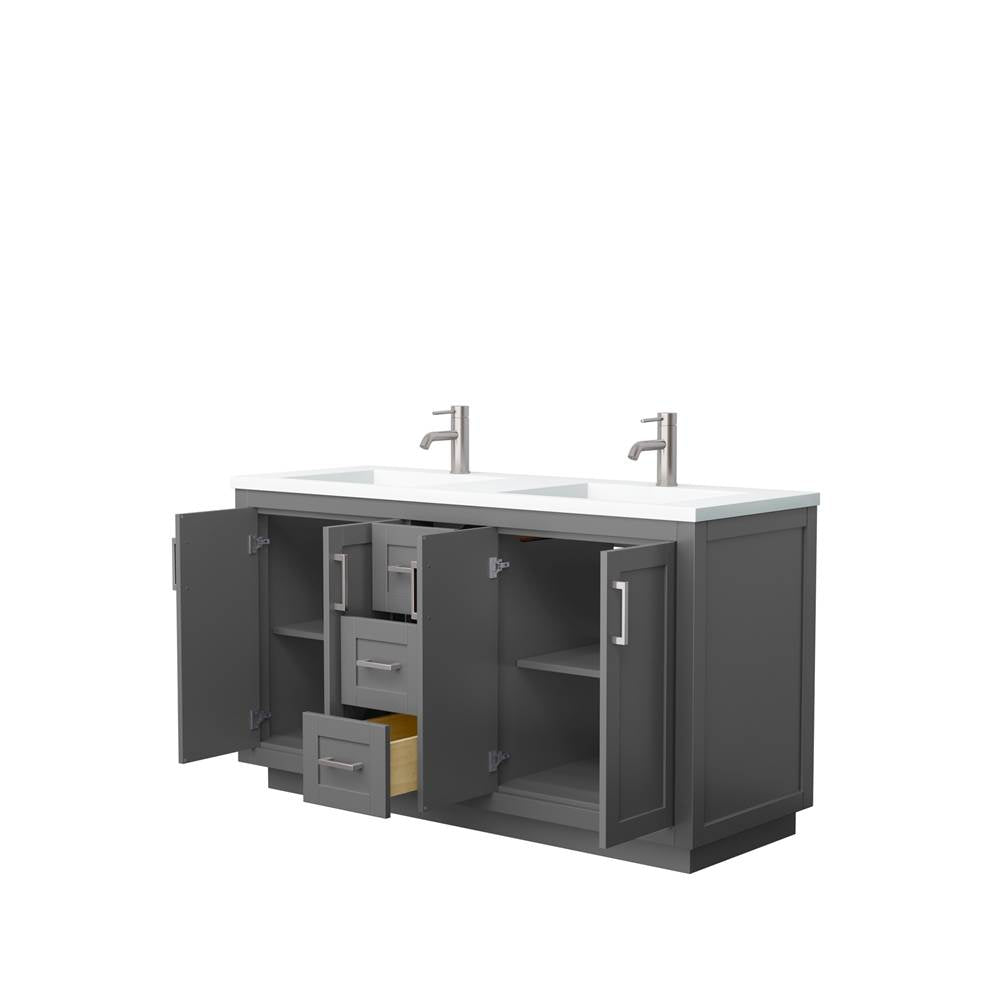 Miranda 60 Inch Double Bathroom Vanity in Dark Gray, 1.25 Inch Thick Matte White Solid Surface Countertop, Integrated Sinks, Brushed Nickel Trim
