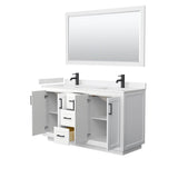Miranda 60 Inch Double Bathroom Vanity in White, Carrara Cultured Marble Countertop, Undermount Square Sinks, Matte Black Trim, 58 Inch Mirror