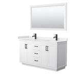 Wyndham Collection - Miranda 60 Inch Double Bathroom Vanity in White, Carrara Cultured Marble Countertop, Undermount Square Sinks, Matte Black Trim, 58 Inch Mirror