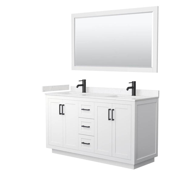Wyndham Collection - Miranda 60 Inch Double Bathroom Vanity in White, Carrara Cultured Marble Countertop, Undermount Square Sinks, Matte Black Trim, 58 Inch Mirror