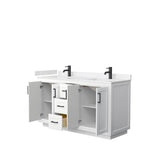 Miranda 60 Inch Double Bathroom Vanity in White, Carrara Cultured Marble Countertop, Undermount Square Sinks, Matte Black Trim