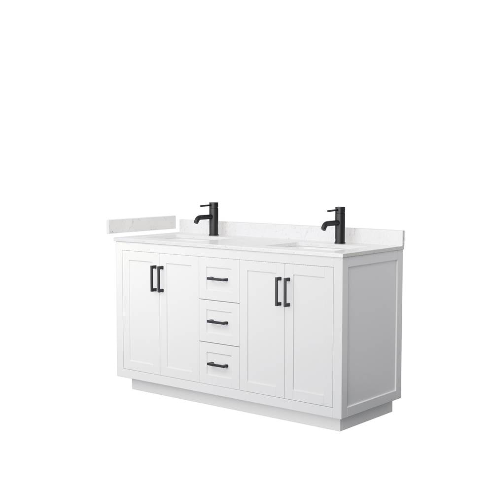 Wyndham Collection - Miranda 60 Inch Double Bathroom Vanity in White, Carrara Cultured Marble Countertop, Undermount Square Sinks, Matte Black Trim