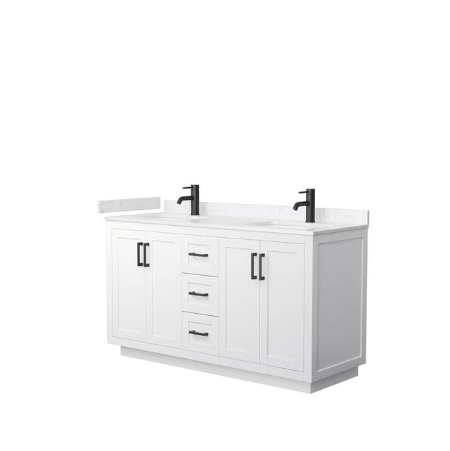 Wyndham Collection - Miranda 60 Inch Double Bathroom Vanity in White, Carrara Cultured Marble Countertop, Undermount Square Sinks, Matte Black Trim