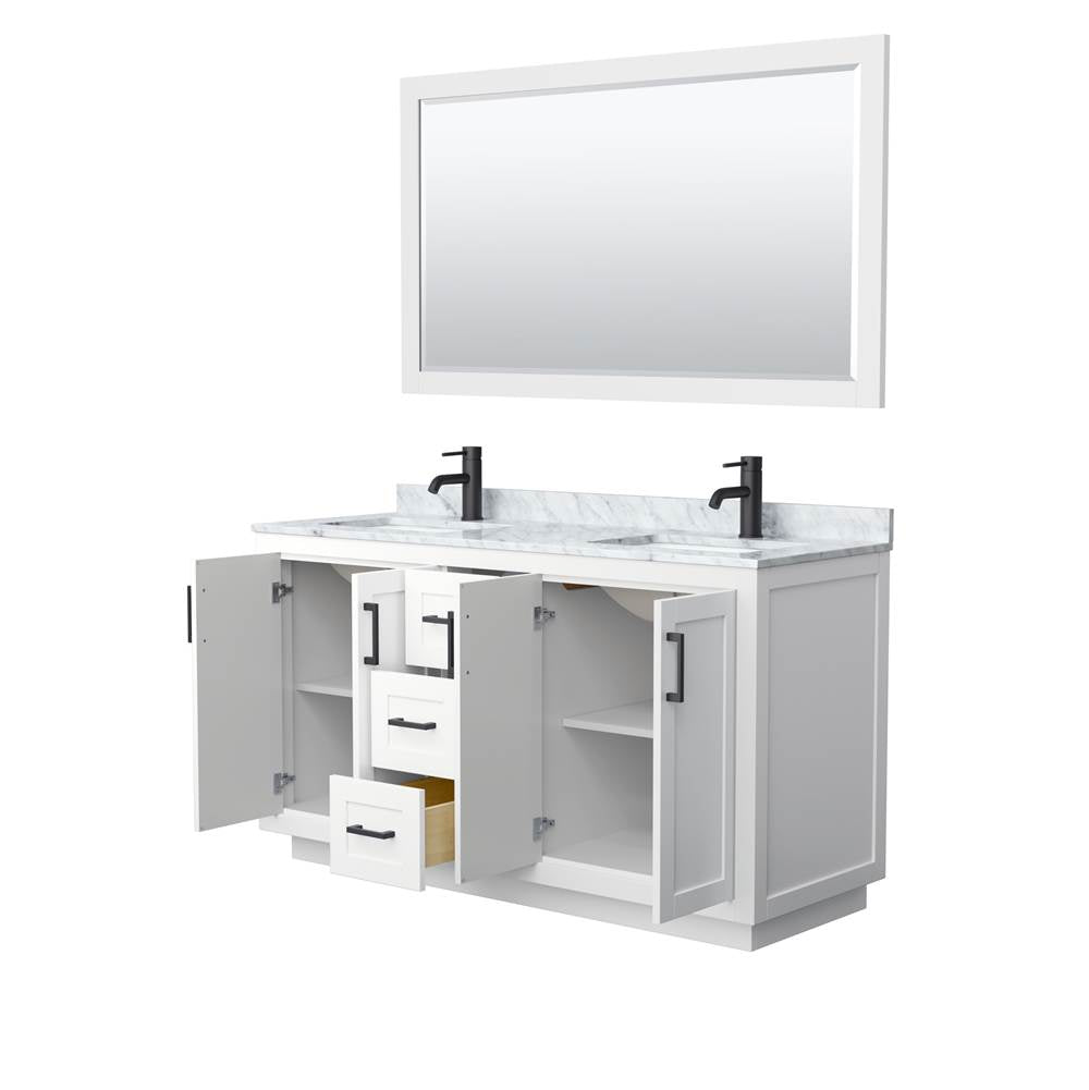 Miranda 60 Inch Double Bathroom Vanity in White, White Carrara Marble Countertop, Undermount Square Sinks, Matte Black Trim, 58 Inch Mirror