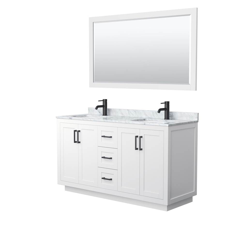 Wyndham Collection - Miranda 60 Inch Double Bathroom Vanity in White, White Carrara Marble Countertop, Undermount Square Sinks, Matte Black Trim, 58 Inch Mirror