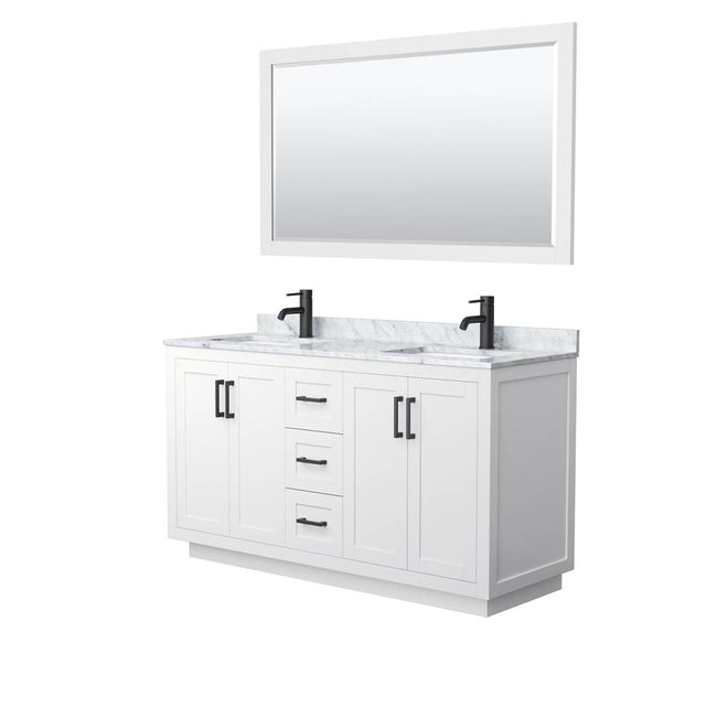 Wyndham Collection - Miranda 60 Inch Double Bathroom Vanity in White, White Carrara Marble Countertop, Undermount Square Sinks, Matte Black Trim, 58 Inch Mirror