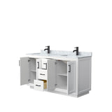 Miranda 60 Inch Double Bathroom Vanity in White, White Carrara Marble Countertop, Undermount Square Sinks, Matte Black Trim