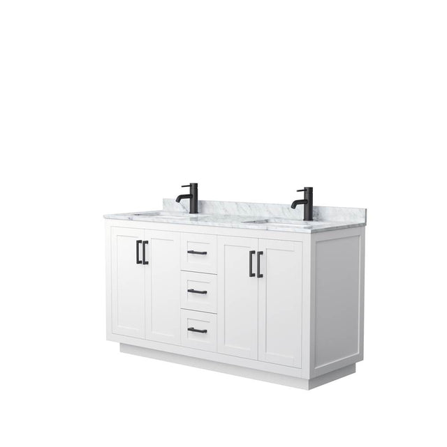 Wyndham Collection - Miranda 60 Inch Double Bathroom Vanity in White, White Carrara Marble Countertop, Undermount Square Sinks, Matte Black Trim