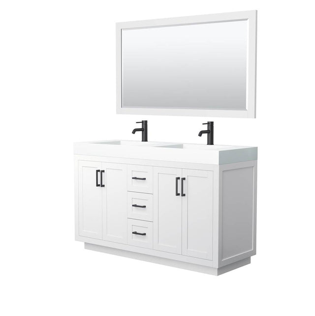 Wyndham Collection - Miranda 60 Inch Double Bathroom Vanity in White, 4 Inch Thick Matte White Solid Surface Countertop, Integrated Sinks, Matte Black Trim, 58 Inch Mirror