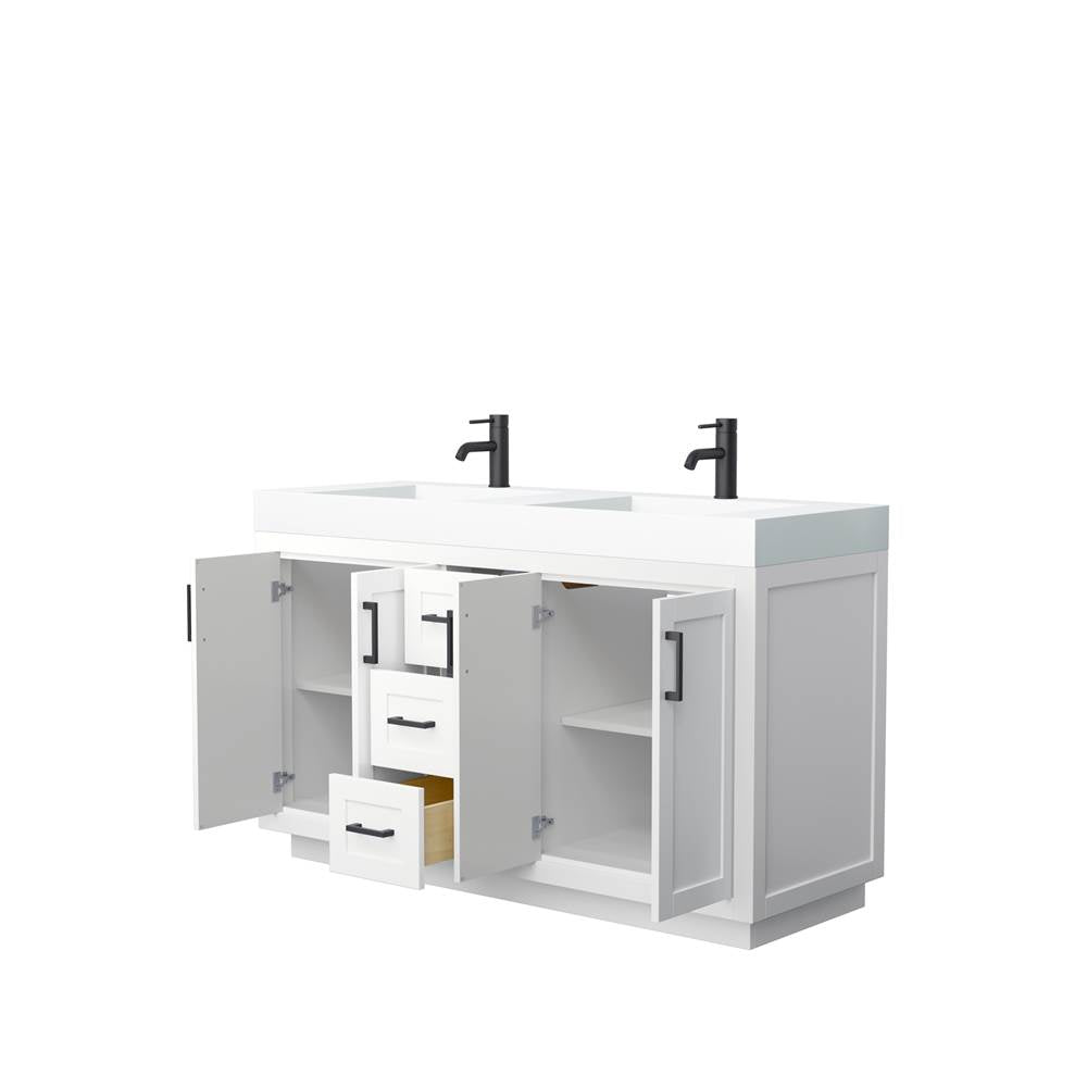 Miranda 60 Inch Double Bathroom Vanity in White, 4 Inch Thick Matte White Solid Surface Countertop, Integrated Sinks, Matte Black Trim