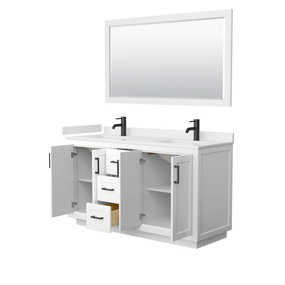 Miranda 60 Inch Double Bathroom Vanity in White, White Cultured Marble Countertop, Undermount Square Sinks, Matte Black Trim, 58 Inch Mirror