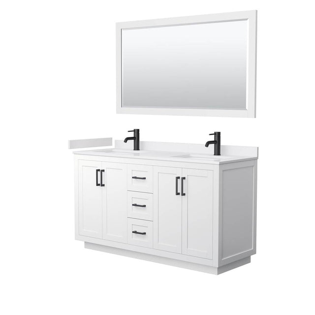 Wyndham Collection - Miranda 60 Inch Double Bathroom Vanity in White, White Cultured Marble Countertop, Undermount Square Sinks, Matte Black Trim, 58 Inch Mirror