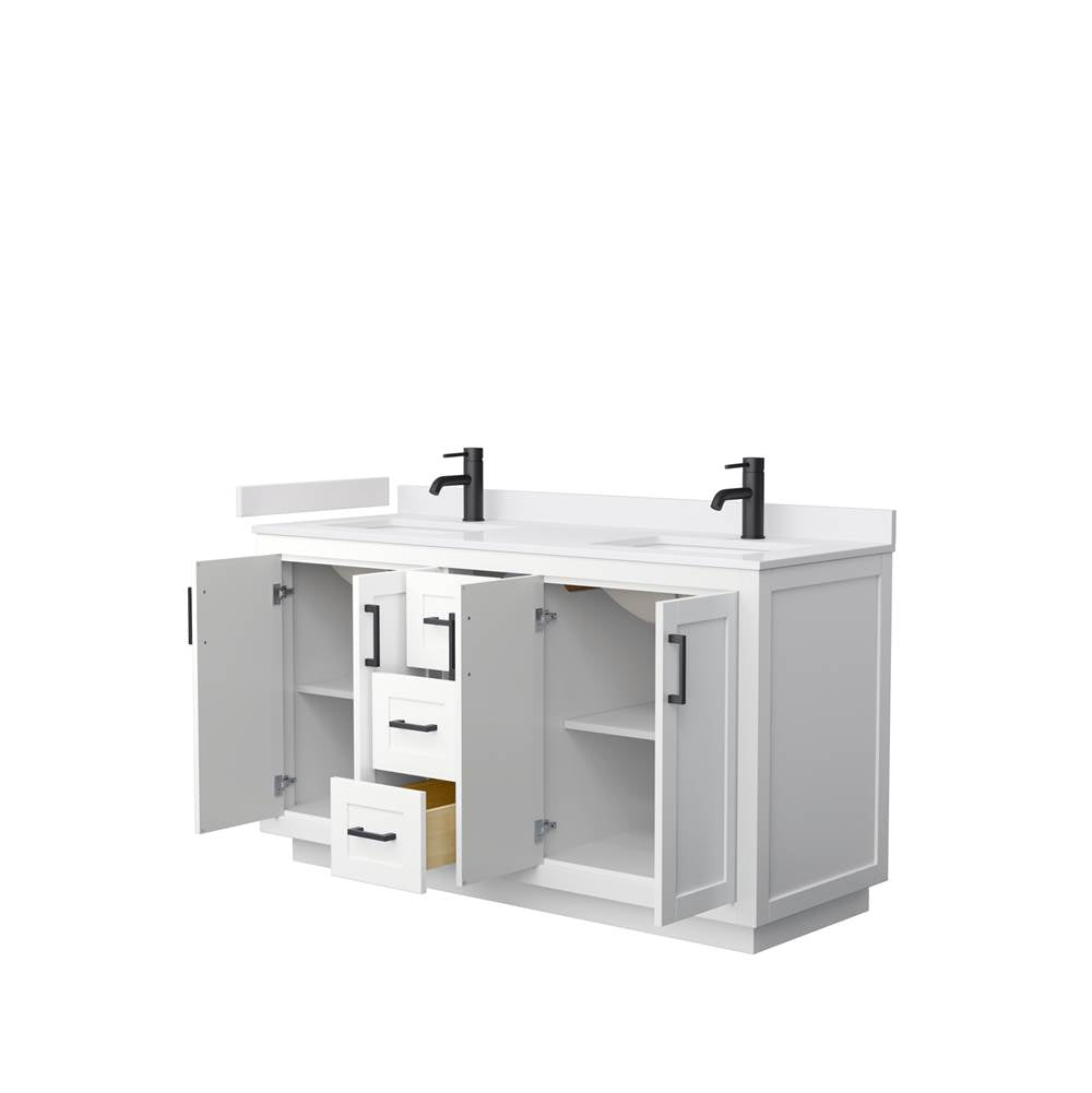 Miranda 60 Inch Double Bathroom Vanity in White, White Cultured Marble Countertop, Undermount Square Sinks, Matte Black Trim