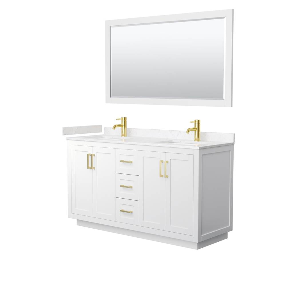 Wyndham Collection - Miranda 60 Inch Double Bathroom Vanity in White, Carrara Cultured Marble Countertop, Undermount Square Sinks, Brushed Gold Trim, 58 Inch Mirror
