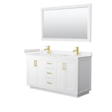 Wyndham Collection - Miranda 60 Inch Double Bathroom Vanity in White, Carrara Cultured Marble Countertop, Undermount Square Sinks, Brushed Gold Trim, 58 Inch Mirror
