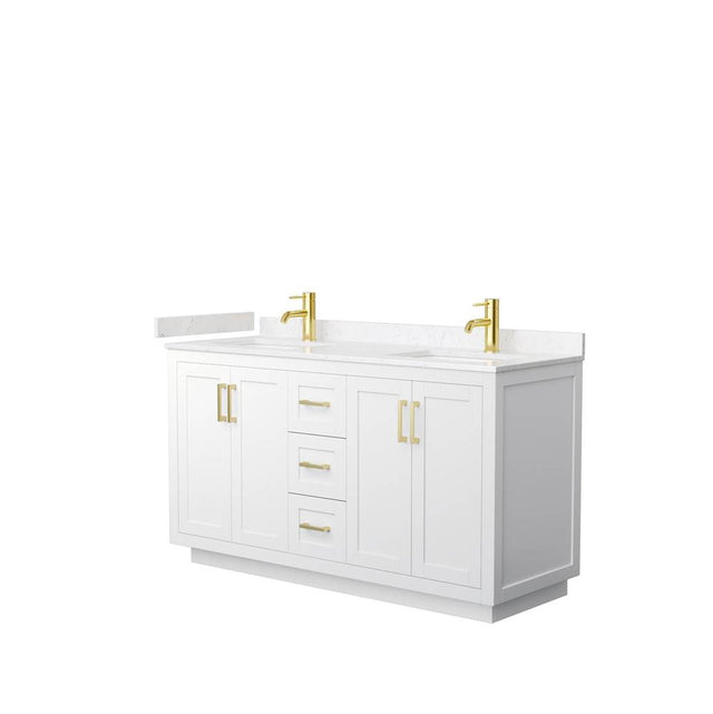 Wyndham Collection - Miranda 60 Inch Double Bathroom Vanity in White, Carrara Cultured Marble Countertop, Undermount Square Sinks, Brushed Gold Trim