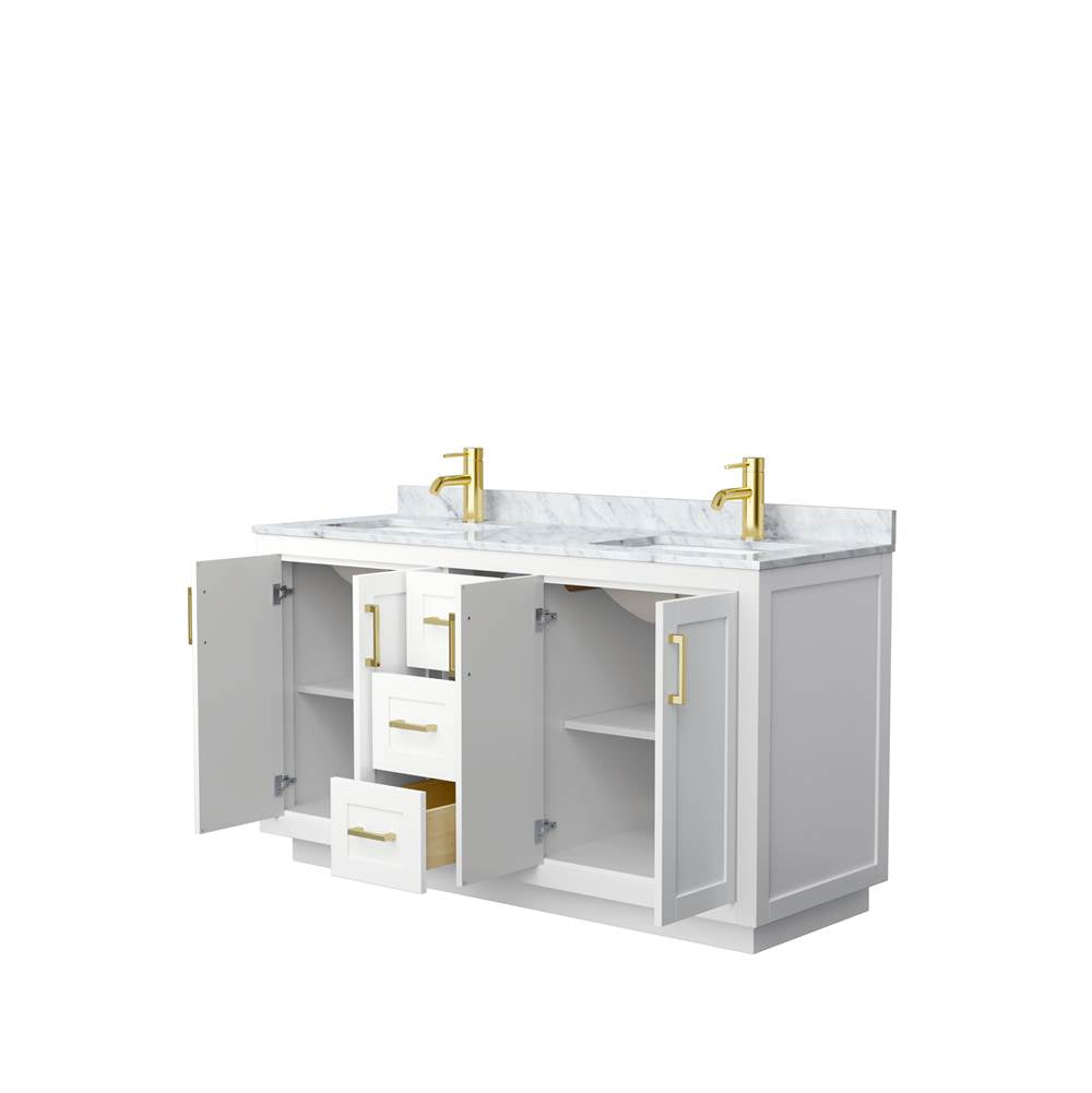 Miranda 60 Inch Double Bathroom Vanity in White, White Carrara Marble Countertop, Undermount Square Sinks, Brushed Gold Trim