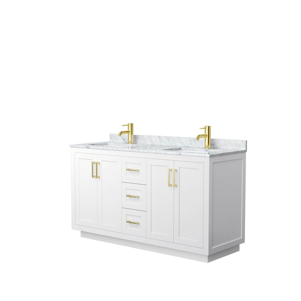 Wyndham Collection - Miranda 60 Inch Double Bathroom Vanity in White, White Carrara Marble Countertop, Undermount Square Sinks, Brushed Gold Trim