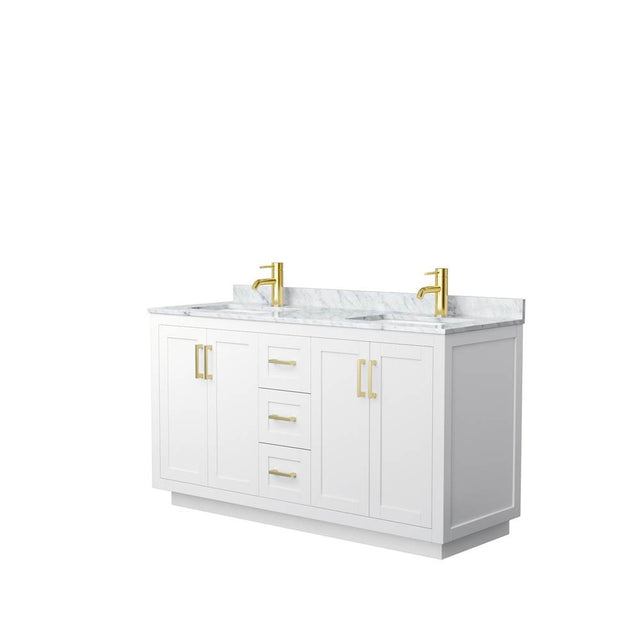 Wyndham Collection - Miranda 60 Inch Double Bathroom Vanity in White, White Carrara Marble Countertop, Undermount Square Sinks, Brushed Gold Trim