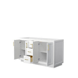 Miranda 60 Inch Double Bathroom Vanity in White, No Countertop, No Sink, Brushed Gold Trim
