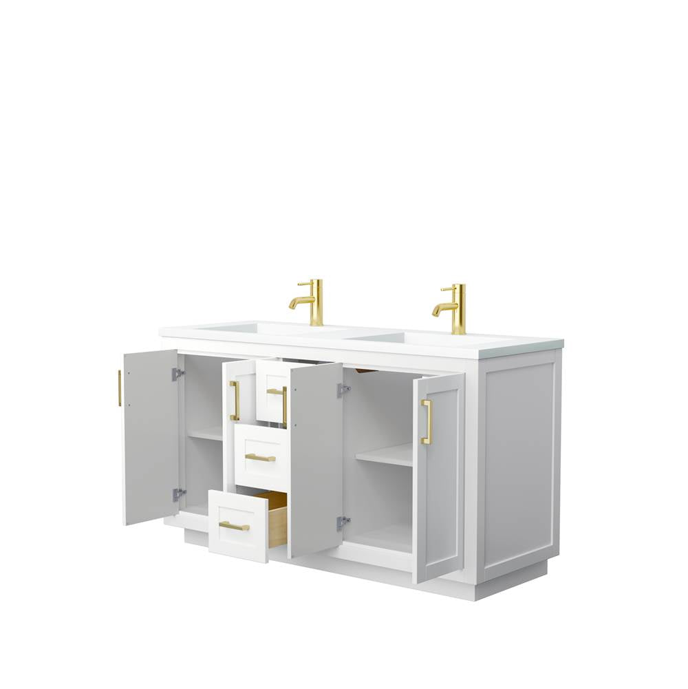 Miranda 60 Inch Double Bathroom Vanity in White, 1.25 Inch Thick Matte White Solid Surface Countertop, Integrated Sinks, Brushed Gold Trim
