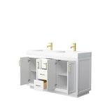 Miranda 60 Inch Double Bathroom Vanity in White, 4 Inch Thick Matte White Solid Surface Countertop, Integrated Sinks, Brushed Gold Trim