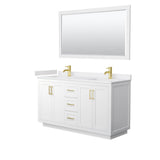 Wyndham Collection - Miranda 60 Inch Double Bathroom Vanity in White, White Cultured Marble Countertop, Undermount Square Sinks, Brushed Gold Trim, 58 Inch Mirror
