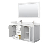 Miranda 60 Inch Double Bathroom Vanity in White, Carrara Cultured Marble Countertop, Undermount Square Sinks, Brushed Nickel Trim, 58 Inch Mirror