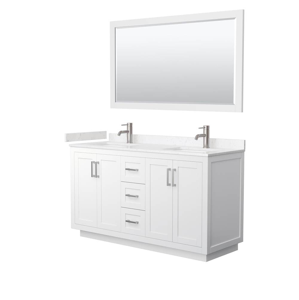 Wyndham Collection - Miranda 60 Inch Double Bathroom Vanity in White, Carrara Cultured Marble Countertop, Undermount Square Sinks, Brushed Nickel Trim, 58 Inch Mirror