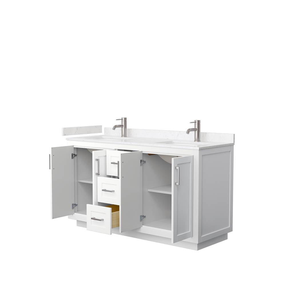 Miranda 60 Inch Double Bathroom Vanity in White, Carrara Cultured Marble Countertop, Undermount Square Sinks, Brushed Nickel Trim