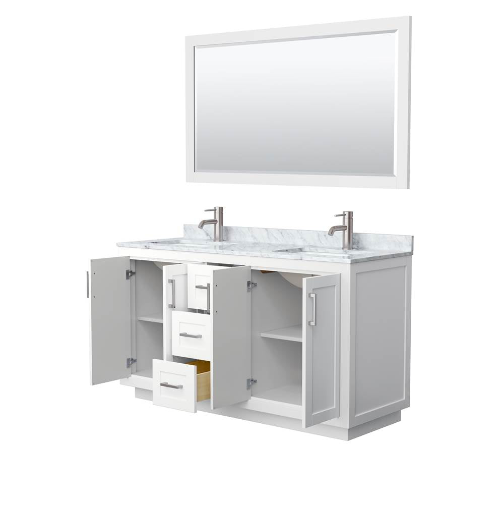 Miranda 60 Inch Double Bathroom Vanity in White, White Carrara Marble Countertop, Undermount Square Sinks, Brushed Nickel Trim, 58 Inch Mirror