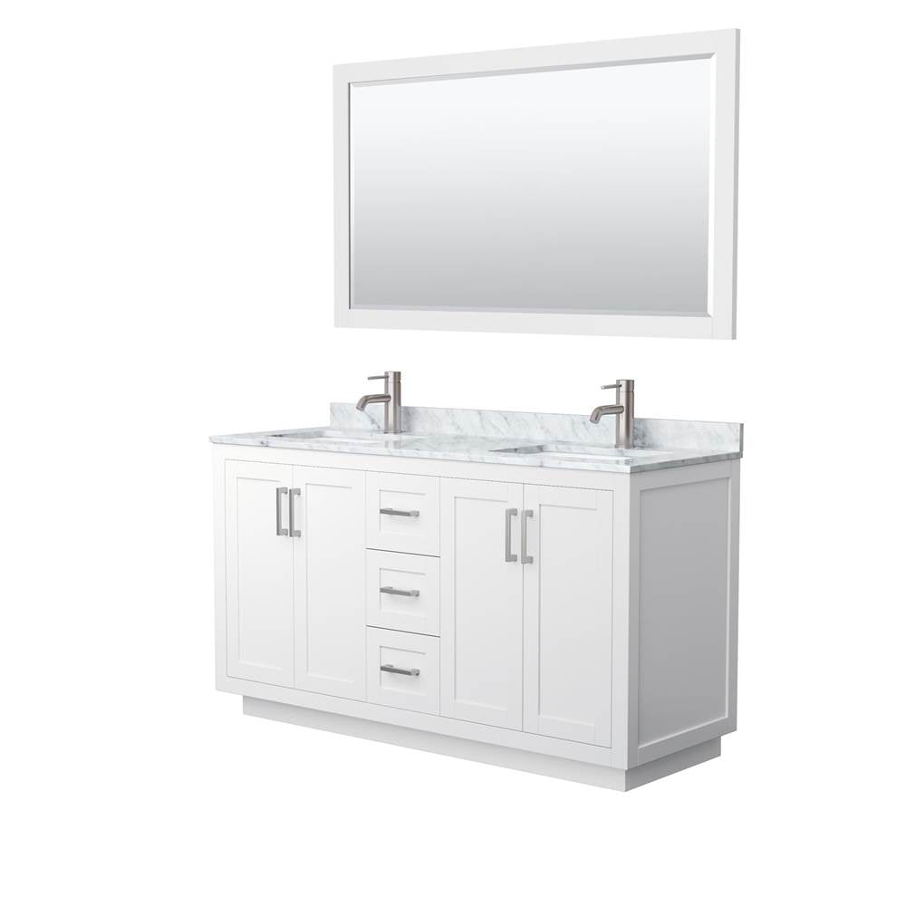 Wyndham Collection - Miranda 60 Inch Double Bathroom Vanity in White, White Carrara Marble Countertop, Undermount Square Sinks, Brushed Nickel Trim, 58 Inch Mirror