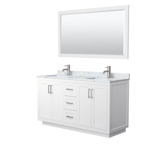 Wyndham Collection - Miranda 60 Inch Double Bathroom Vanity in White, White Carrara Marble Countertop, Undermount Square Sinks, Brushed Nickel Trim, 58 Inch Mirror