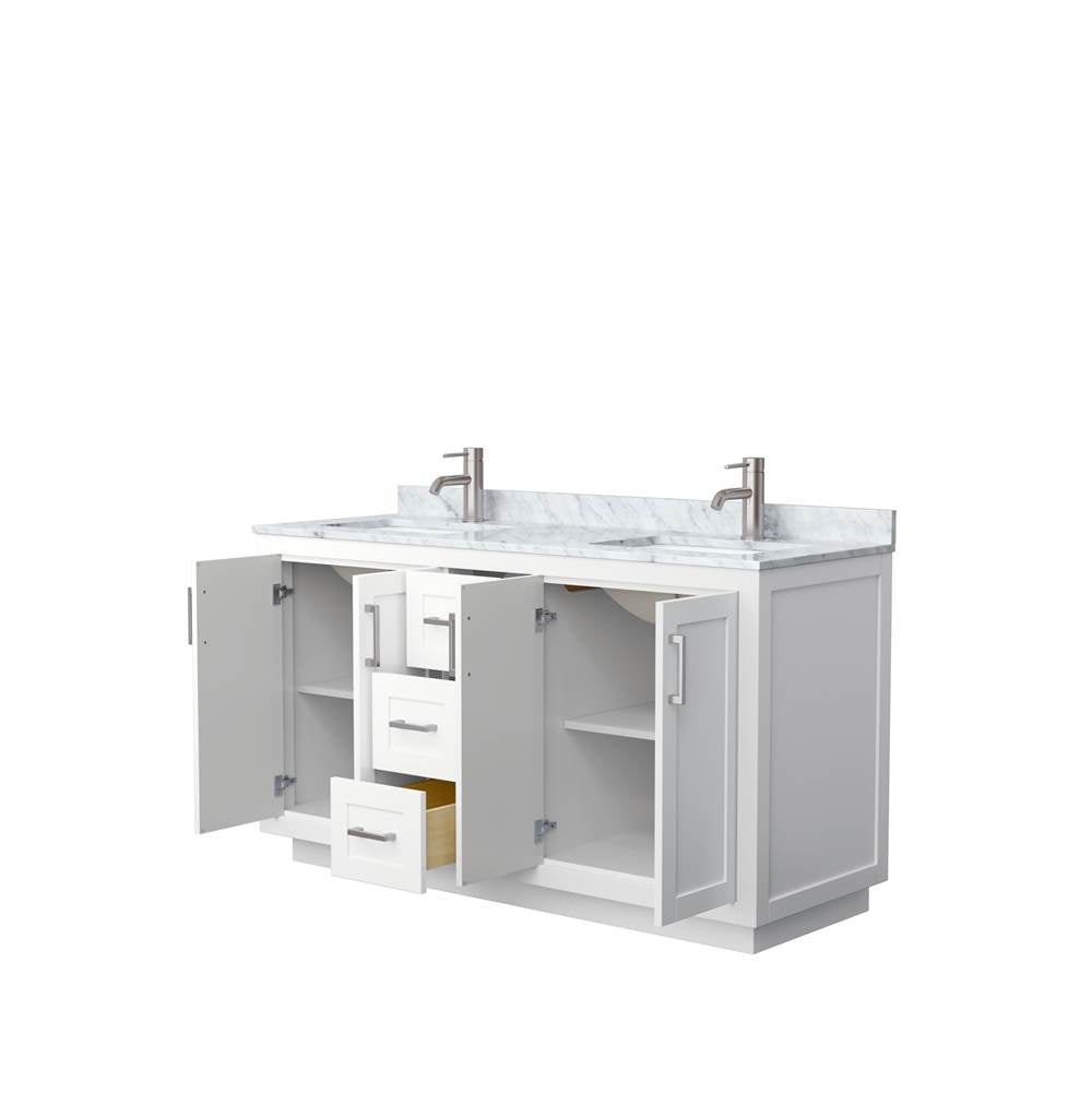 Miranda 60 Inch Double Bathroom Vanity in White, White Carrara Marble Countertop, Undermount Square Sinks, Brushed Nickel Trim