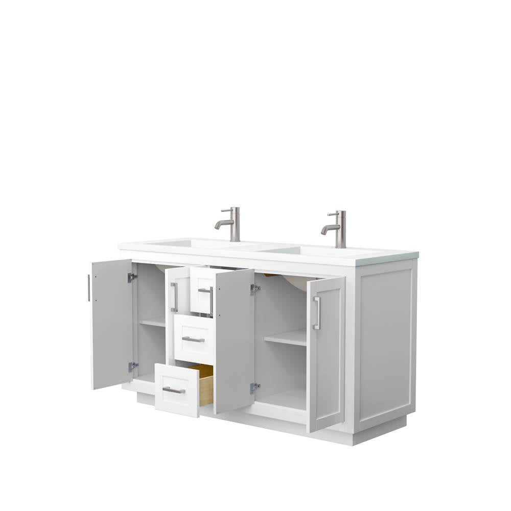 Miranda 60 Inch Double Bathroom Vanity in White, 1.25 Inch Thick Matte White Solid Surface Countertop, Integrated Sinks, Brushed Nickel Trim